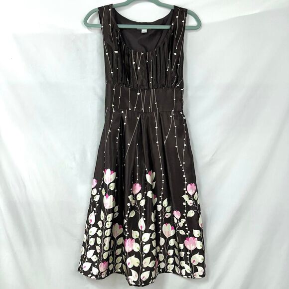 DRESSBARN Y2K Brown Multi Floral Sleeveless Tie Back Mini Dress Womens 4 Fairy - Picture 1 of 5